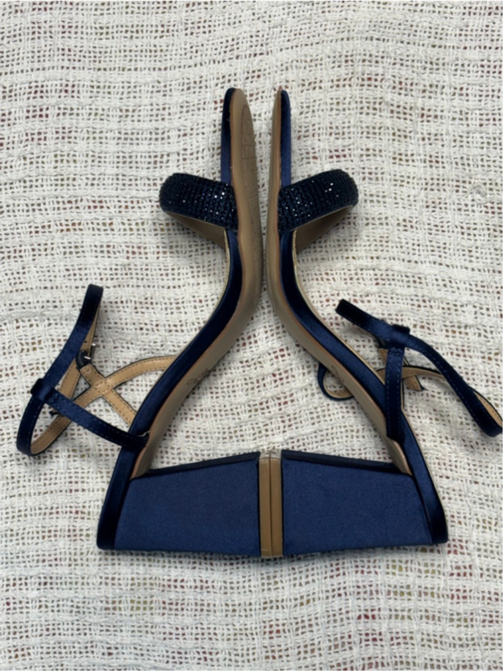 Jewel Badgley Mischka Strappy Navy Satin Rhinestone Block Heel SZ 7 Formal Party - Picture 3 of 11